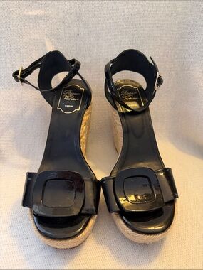 Roger Vivier Black Patent Leather Espadrille Wedge Sandals with Buckle